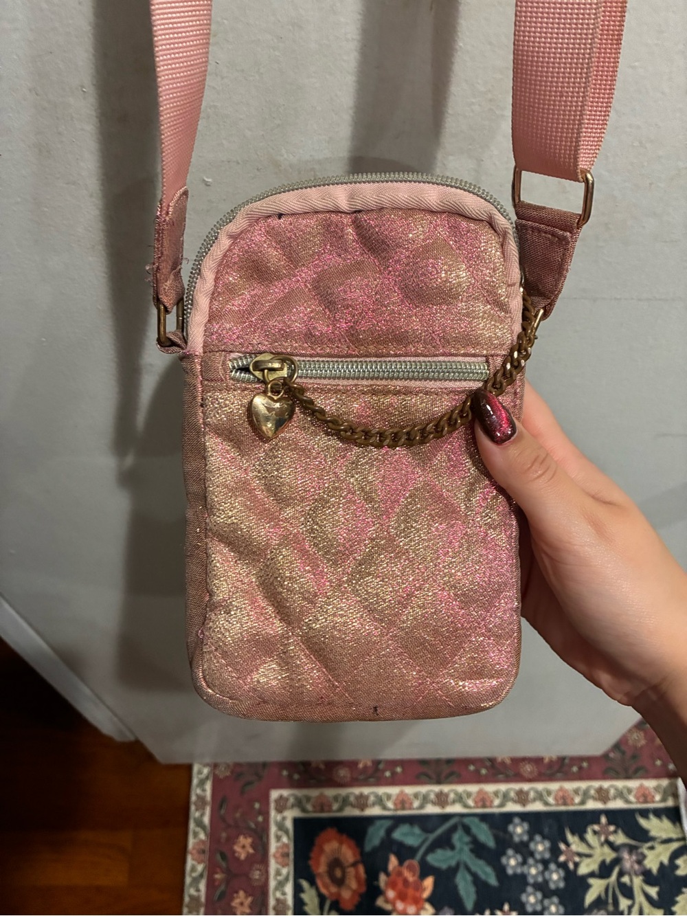 Claire's Pink Glitter Heart Charm Crossbody Phone Pouch